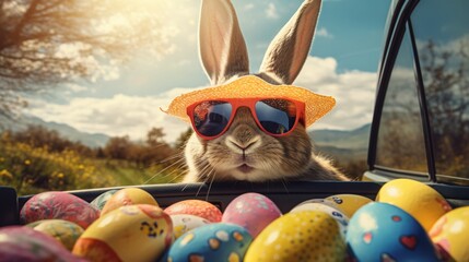 Adorable easter bunny wearing sunglasses peeking out of a car filled with colorful easter eggs, celebrating spring holiday fun and festive cheer.

