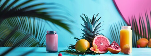 Tropical fruits and juices with palm leaves on a colorful background