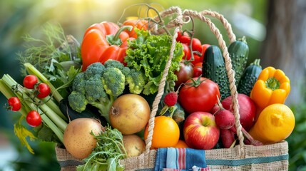 Wall Mural - A reusable shopping bag overflowing with fresh vegetables and fruits