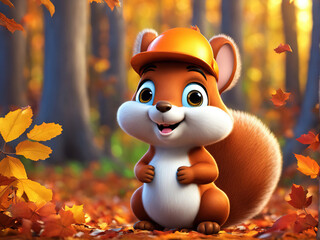 Wall Mural - A cute cartoon squirrel wearing an orange hard hat stands in a forest of autumn leaves.