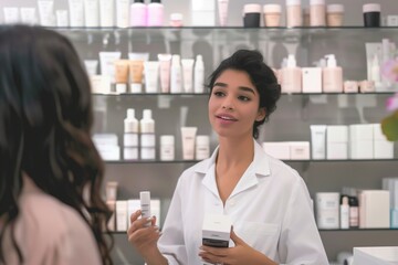 Cosmetics salesperson stands in front of shelves filled with various beauty products, holding and promoting cosmetics to customer. Personalized service and product recommendations in retail setting.