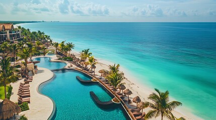 Wall Mural - An aerial view of a resort pool overlooking a white sand beach and turquoise ocean.