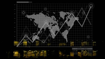 Canvas Print - Rising line graph animation over office building at night, showing business growth