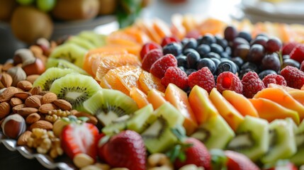 Wall Mural - Assorted fruit and nut tray, elegant presentation, nutritious snacks