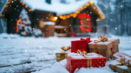 Poster - Assorted gift boxes on snow with a cozy cabin in the background