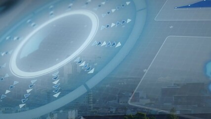 Wall Mural - Futuristic data processing animation over cityscape with buildings and trees