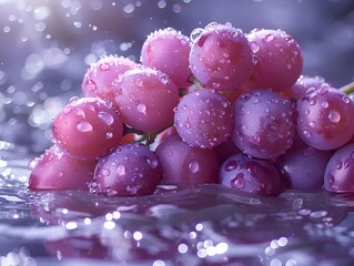 Canvas Print - A bunch of ripe red grapes, glistening with water droplets, rest on a reflective surface.