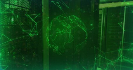 Poster - Glowing green globe and network connections animation over server racks