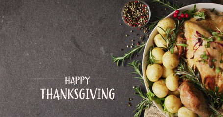 Sticker - Image of happy thanksgiving text and dinner on grey background