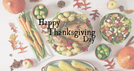 Canvas Print - Image of happy thanksgiving day text and dinner on table background