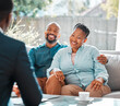 © Nina2024/peopleimages.com - People, couple and happy with financial advisor at home for funeral cover or life policy planning. Relationship, meeting and smile with consultant for advice on house insurance with paperwork