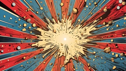 A vintage comic book cover featuring dots and light, reminiscent of a boom explosion crash bang. Suitable for graphics and decoration. Visual Arts. Illustration in vector form