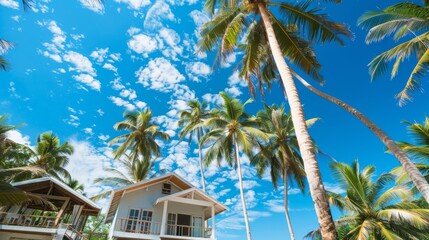 Wall Mural - Beachfront bungalow exterior with palm trees and clear blue sky