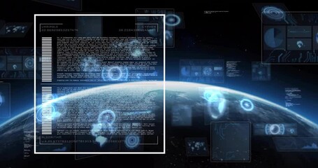 Wall Mural - digital data and algorithm text animation over earth viewed from space