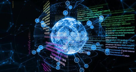 Digital globe surrounded by data processing animation with various coding elements