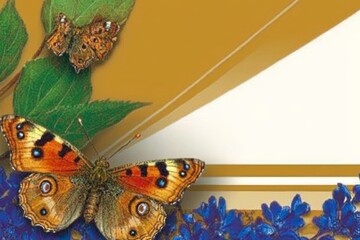 Two butterflies on a green leaf with a gold and white background.