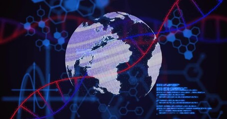 Wall Mural - Rotating Earth with DNA strands and hexagonal patterns, scientific data animation