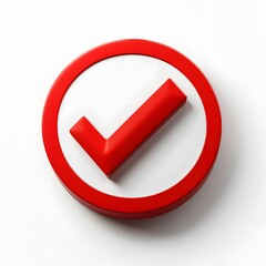 
3d check icon, checklist tick, done mark. Vector realistic plastic style checkmark, symbol of selection, confirmation or approval. Red circle with a white, white background