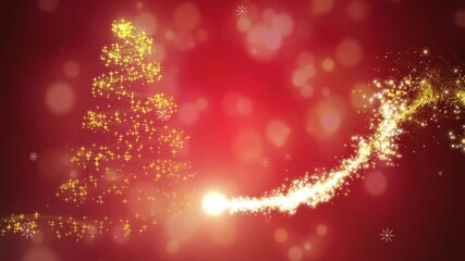 Wall Mural - christmas tree and sparkling light trail animation over red background with bokeh