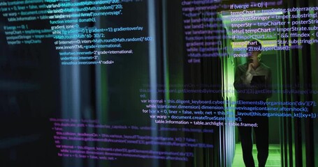 Poster - Computer code animation over person standing near glass wall