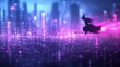 © Parintron - A mystical witch flying on a broomstick over a futuristic cityscape, illuminated by vibrant neon lights.