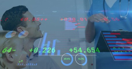 Poster - Discussing in hospital, healthcare professionals with financial data and statistics animation