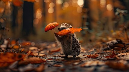 A cute baby hedgehog holding an orange leaf 