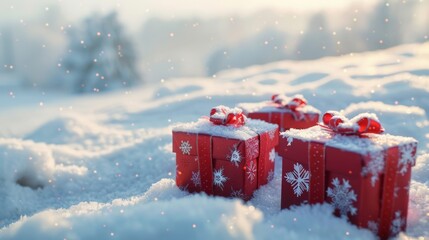 Poster - Christmas gift boxes on a snow-covered hill with a clear sky