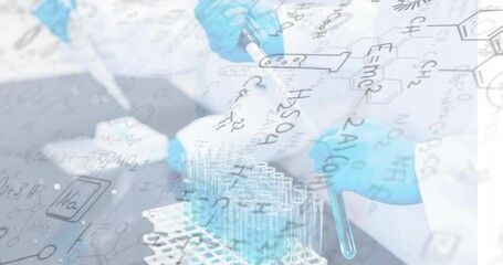 Sticker - Chemical formulas and laboratory experiment animation over scientists working with test tubes