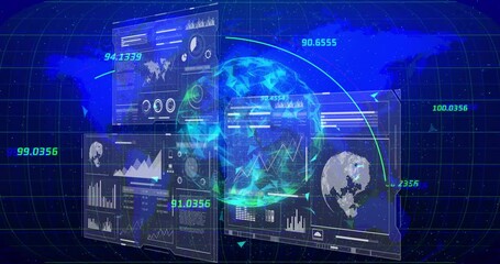 Poster - Digital data analytics and global network animation over financial graphs and charts