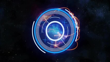 Wall Mural - rotating globe with glowing lines and circular interface animation over space background