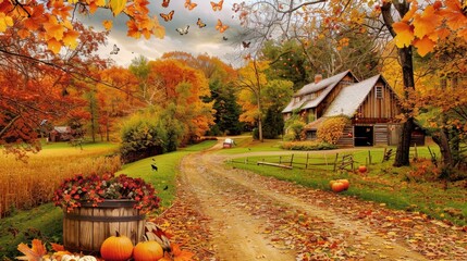 Wall Mural - A beautiful autumn farm scene with apples and pumpkins