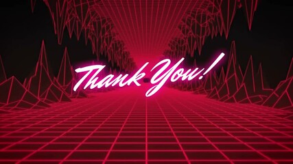 Poster - Thank You! text animation over red retro grid and waveform background