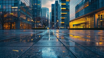 Poster - City plaza with no people and a backdrop of high-rise buildings and soft evening light