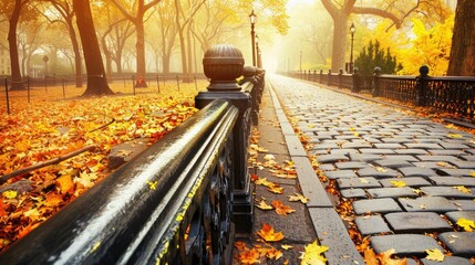 Sticker - an empty park bench under the golden leaves