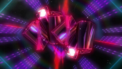 Wall Mural - Rotating neon crystals with colorful light beams and reflections animation