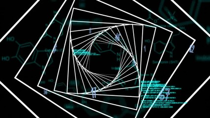 Wall Mural - Geometric shapes spiraling over chemical formulas and data processing animation