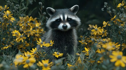 Wall Mural - A raccoon peeking out from behind a field of yellow wildflowers