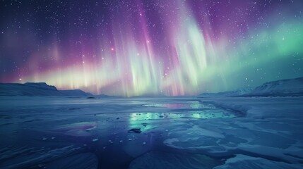 Fototapete - Colorful northern lights above frozen lake