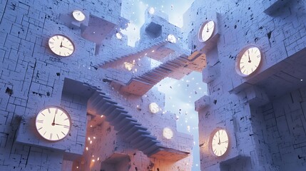 Wall Mural - Dreamlike scene with floating staircases melting clocks Abstract impossible architecture surreal hues 3D-rendered structures