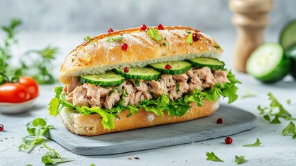 Tuna, Cucumber, and Lettuce Sandwich on a Rustic Wooden Board