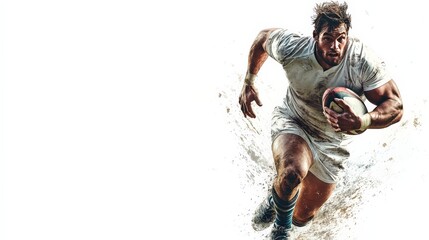 Rugby Player in Action: A determined rugby player charges forward, showcasing power and athleticism against a dynamic, textured background. 