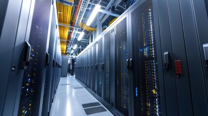 Poster - Data center aisle with numerous servers and advanced cooling systems