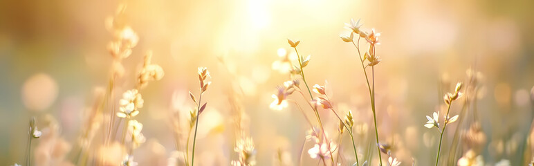 Wall Mural - A field of grass flowers light up by a calm morning light. An inspirational nature image for aesthetic of spring design. Spring nature in soft pastel earth tone blurred background. 