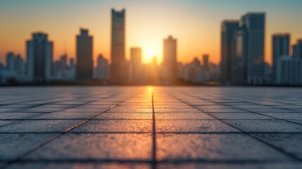 Aufkleber - Empty square in front of modern city skyline during sunset with clear sky and soft lighting