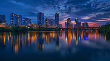 Aufkleber - Evening view of Austin skyline reflecting on the river