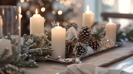 Poster - Festive winter table setting with candles and pinecones