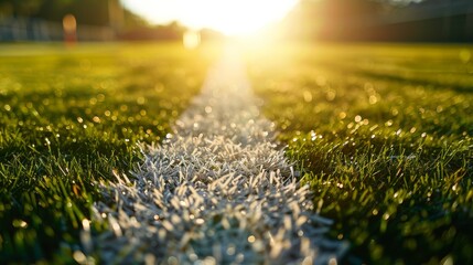 Wall Mural - Football field goal line, close-up of white paint on grass, bright sunlight