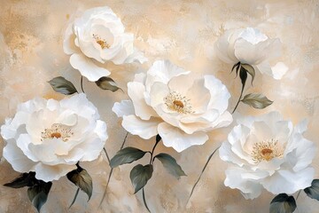 Wall Mural - White flowers with gold accents in a painting