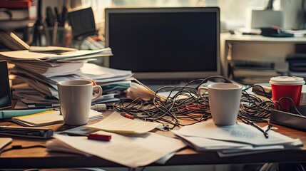 A messy and disorganized office desk filled with scattered documents, coffee cups, and tangled cables, symbolizing poor management. Plenty of copy space for text.